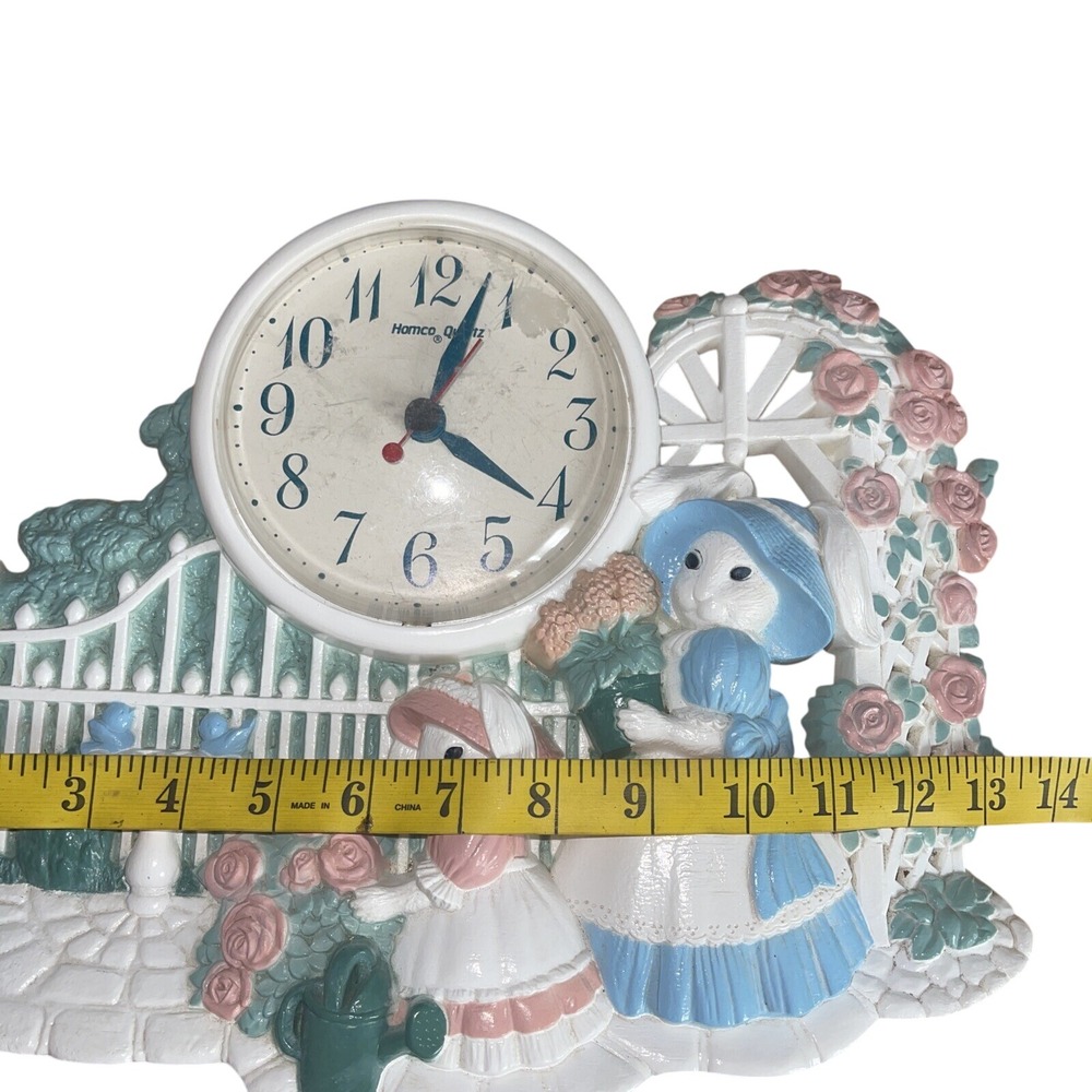 Homco Quartz Bunny Rabbit Garden Scene Mantel Clock Pink Roses Gate - Picture 14 of 16